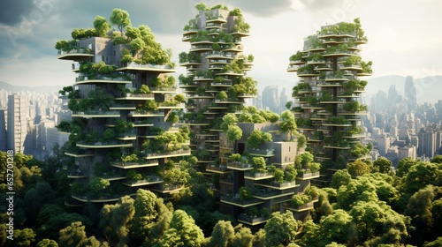 AI-generated civil architecture and natural biological life combine a splendid environmental awareness city with a vertical forest concept of a metropolis covered with green plants 