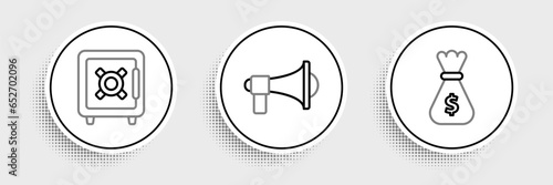Set line Money bag, Safe and Megaphone icon. Vector