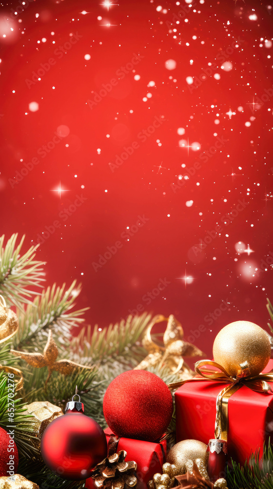 Merry Christmas banner background with red gift boxes, green tree branches and golden decoration. Vertical copy space.