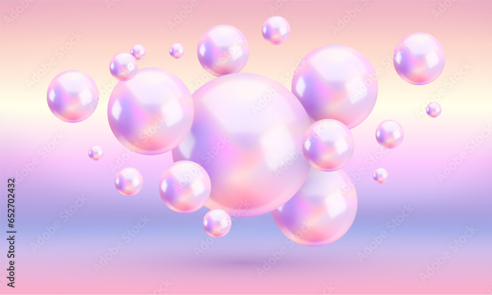 Vector abstract holographic balls gradient background. Floating vibrant colors iridescent spheres horizontal background. Abstract trendy vivid wallpaper, neon design template