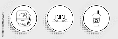 Set line Coffee cup, Pizza in cardboard box and Railway carriage icon. Vector