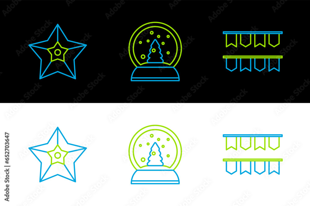 Set line Carnival garland with flags, Christmas star and snow globe icon. Vector