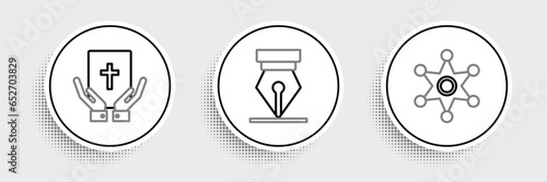 Set line Hexagram sheriff, Oath on the Holy Bible and Fountain pen nib icon. Vector