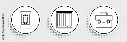 Set line Briefcase, Stage stand or debate podium rostrum and Prison window icon. Vector