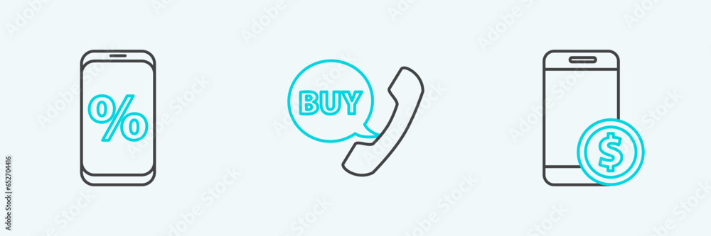 Set line Smartphone with dollar, Percent discount and mobile and Phone speech bubble Buy icon. Vector Set line Smartphone with dollar, Percent discount and mobile and Phone speech bubble Buy icon. Vector