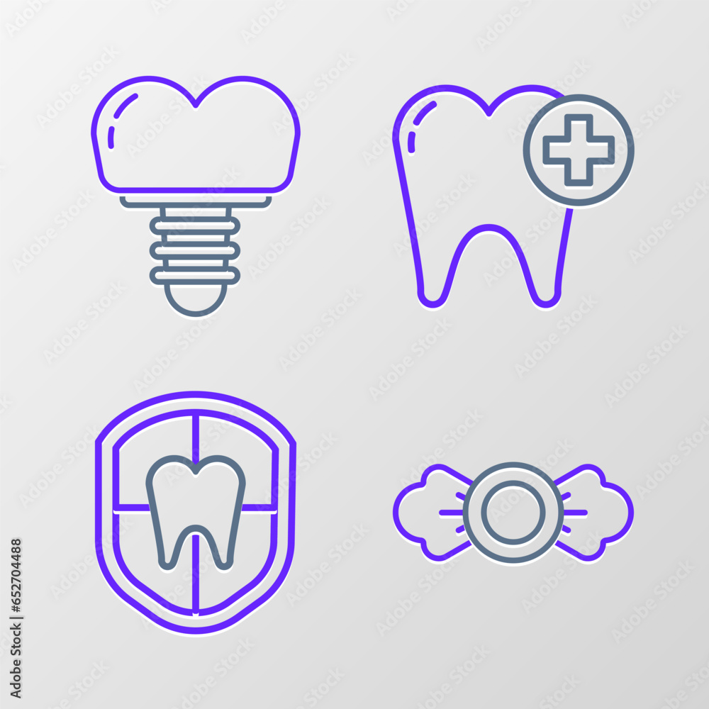 Set line Candy, Dental protection, Tooth and implant icon. Vector Set line Candy, Dental protection, Tooth and implant icon. Vector