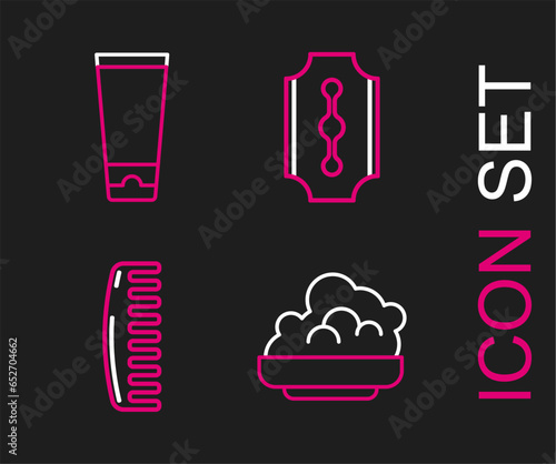 Set line Shaving gel foam, Hairbrush, Blade razor and Cream lotion cosmetic tube icon. Vector