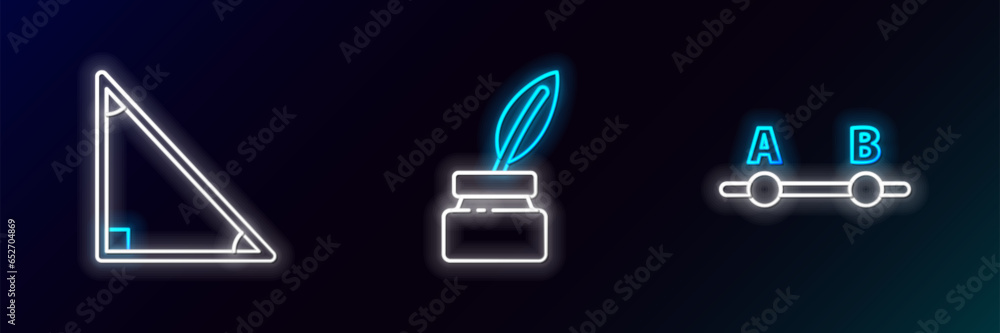 Set line Graph, schedule, chart, diagram, Triangle math and Feather and inkwell icon. Glowing neon. Vector Set line Graph, schedule, chart, diagram, Triangle math and Feather and inkwell icon. Glowing neon. Vector