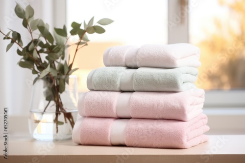 fresh washed towels in soft color floral spa and wellness concept