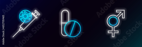 Set line Gender, Syringe and virus and Medicine pill or tablet icon. Glowing neon. Vector
