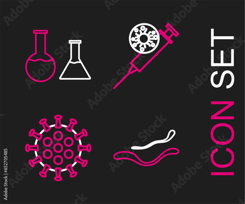 Set line Ebola virus disease, Virus, Syringe and and Test tube flask icon. Vector