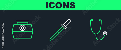 Set line Stethoscope, First aid kit and Pipette icon. Vector