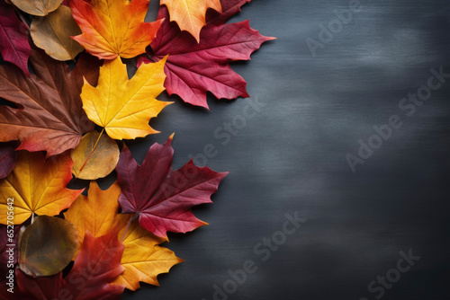 Black matte surface with colorful autumn leaves