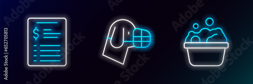 Set line Pets bath, Grooming salon price list and Dog muzzle icon. Glowing neon. Vector
