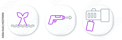 Set line Flashlight, Whale tail in ocean wave and Fishing harpoon icon. Vector