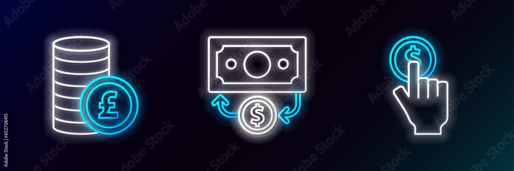 Set line Hand holding coin, Coin money with pound and Stacks paper cash icon. Glowing neon. Vector Set line Hand holding coin, Coin money with pound and Stacks paper cash icon. Glowing neon. Vector