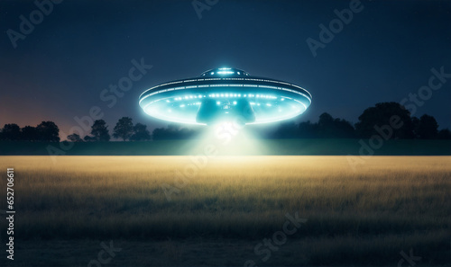 Alien flying saucer over a wheat field at night. UFO Sighting Over the Field. night sky and road. Fantasy landscape. Generative AI, Generative, AI