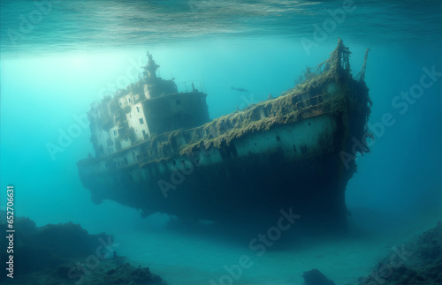 Wreck ship, sunken steamboat with pipes lying on ocean bottom . Broken antique vessel covered with green seaweeds. Navy scene, game background . Generative AI, Generative, AI