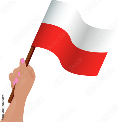 Vector illustration of hand holding Polish flag. Happy Independence day Poland. waving Flag of Poland in woman hand