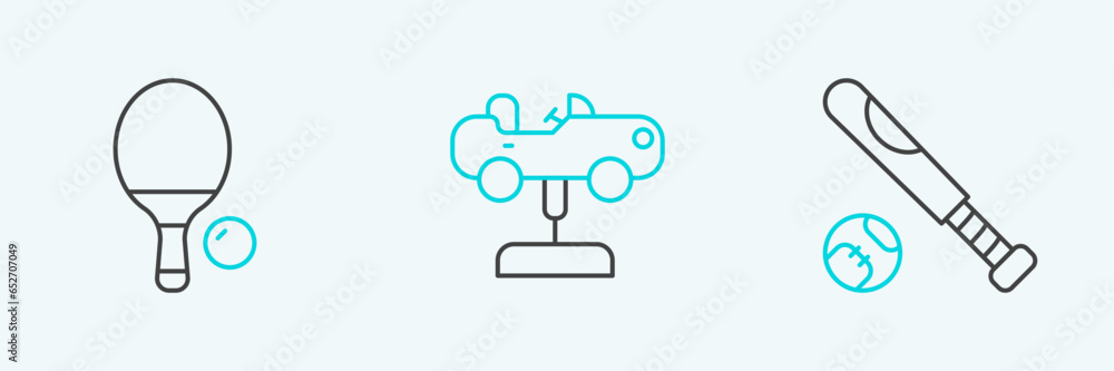 Set line Baseball bat with ball, Racket and and Swing car icon. Vector Set line Baseball bat with ball, Racket and and Swing car icon. Vector