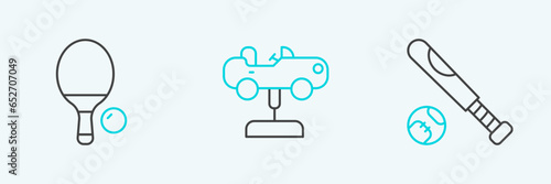 Set line Baseball bat with ball  Racket and and Swing car icon. Vector