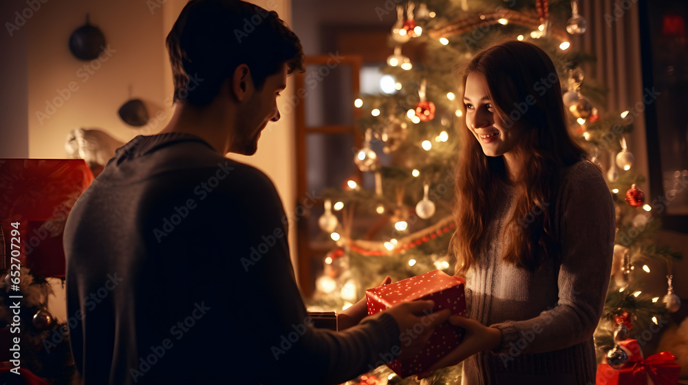 couple in love giving each other gifts at christmas couple in love giving each other gifts at christmas