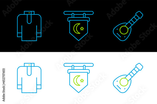 Set line Lute, Shirt kurta and Star and crescent icon. Vector