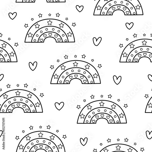 Cute rainbows and hearts black and white seamless pattern. Magic background for kids in outline. Great for fabric, textile. Vector illustration