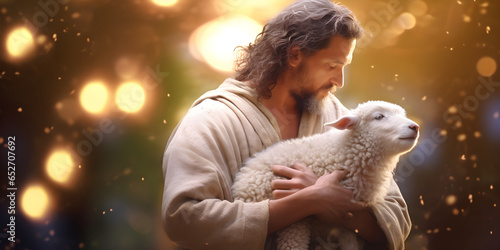 Jesus recovered the lost sheep carrying it in his arms. photo