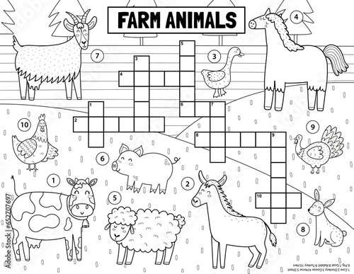 Farm animals black and white crossword for kids. On the farm puzzle for school and preschool. Funny activity page in outline for children. Vector illustration