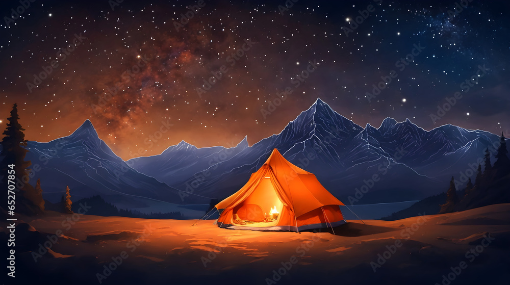 An orange tent with a burning light inside stands in a clearing under a starry sky. Beautiful starry night sky and the Milky Way. Concept for outdoor tourism in mountain. Cartoon vector illustration 