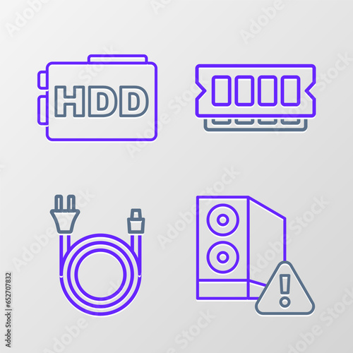 Set line Case of computer, Electric plug, RAM, random access memory and Hard disk drive HDD icon. Vector