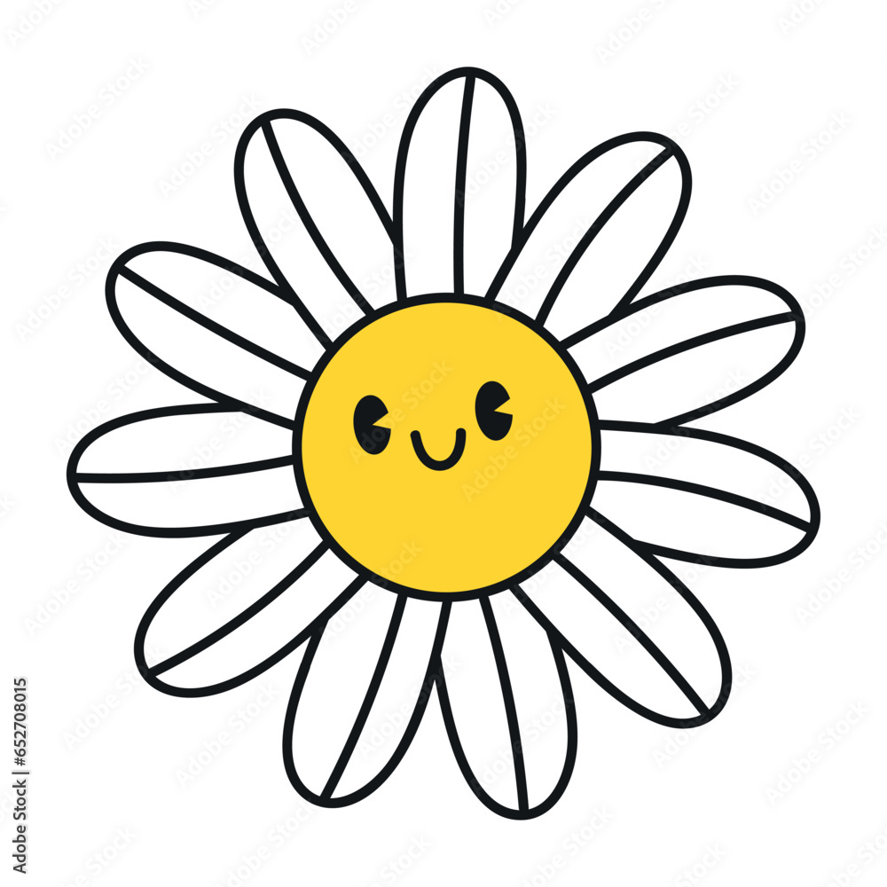 Groovy daisy flowers face collection. Retro chamomile smiles in cartoon style. Happy stickers set from 70s. Vector graphic illustration