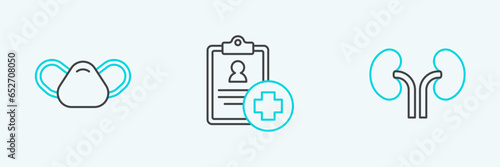 Set line Human kidneys, Medical protective mask and Patient record icon. Vector