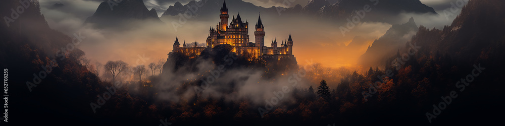 a long narrow panoramic view of the night forest in the mountains and a glowing fairy-tale castle in the fog, a fairy tale of old Europe