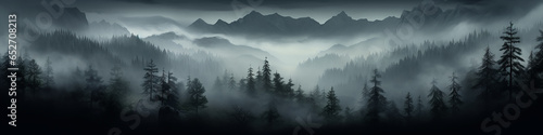 a long narrow panorama of a coniferous northern forest in the fog of an autumn day, a landscape of wildlife © kichigin19