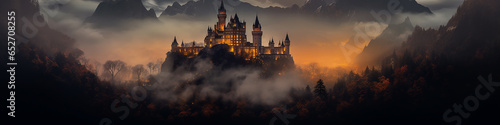 a long narrow panoramic view of the night forest in the mountains and a glowing fairy-tale castle in the fog, a fairy tale of old Europe