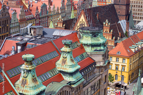 Multicolored houses on the Market square at Old Town in Wroclaw, Poland. View from the Bridge of Penitents of Cathedral of St. Mary Magdalene