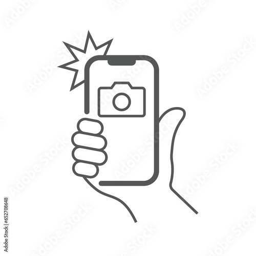 Photo on smartphone with flash, hand is holding smartphone and doing photo. Camera viewfinder, hand and flash. EPS 10