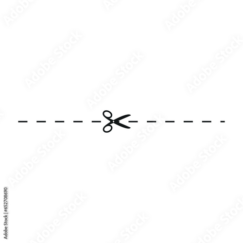 Cut line icon with scissor, cut here guidance, scissors and dash. Coupon mark and symbol for cropping, signifying voucher. Flat vector illustrations isolated in background.
