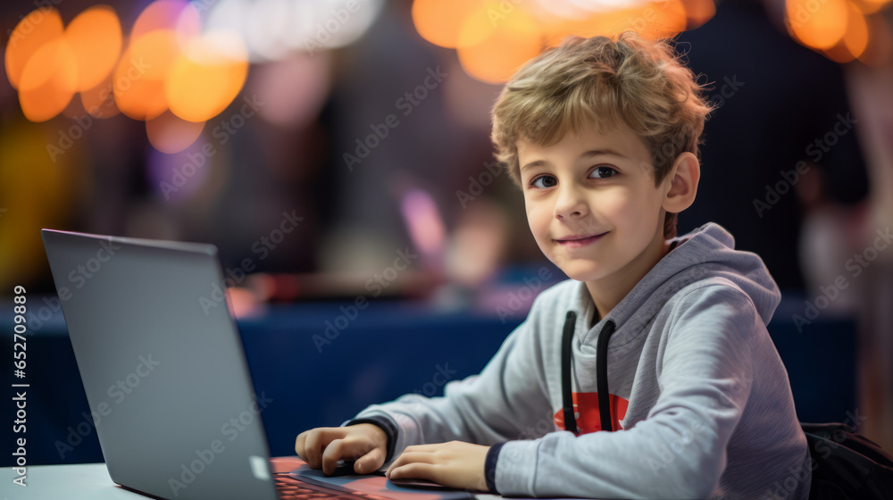 Young boy kid immersed in a coding competition in front of a laptop computer solving complex programming challenges and develops innovative software solutions Young boy kid immersed in a coding competition in front of a laptop computer solving complex programming challenges and develops innovative software solutions