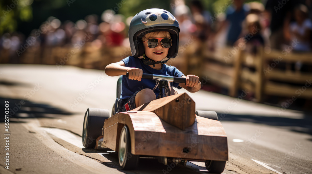 Young boy kid participating in a competitive soapbox derby race. He's behind the wheel of his homemade racer, speeding down a steep hill with determination and a thrill for speed. - obrazy, fototapety, plakaty 