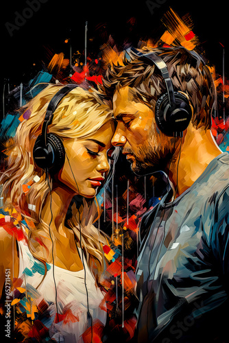 Painting in Acrylic and Oil Couple Listening to Atmospheric Music Mood and Empathy Digital Art Illustration Backdrop Cover Journal