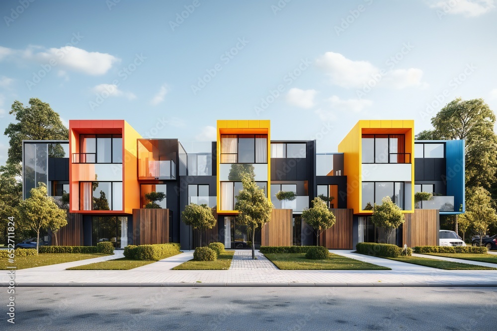 Modern modular private colorful townhouses. Residential architecture exterior