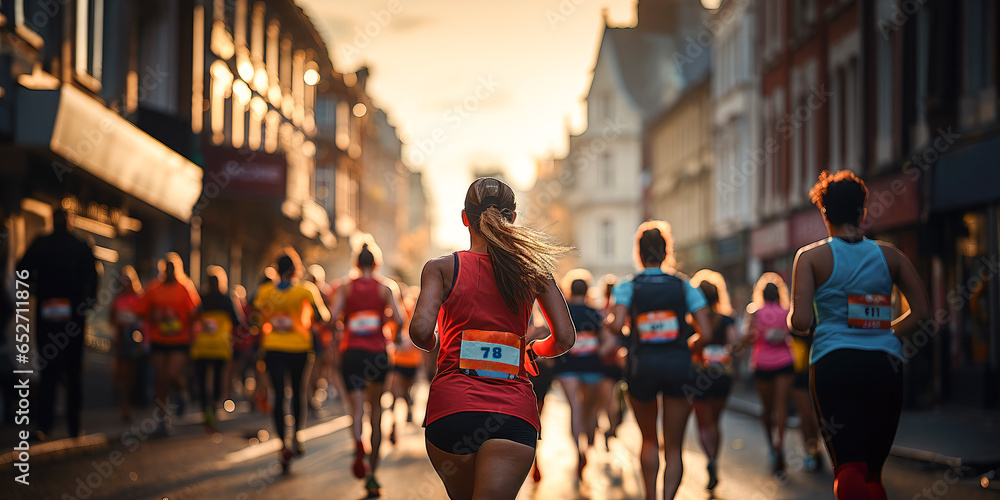 back view of female marathon runners on a race at sunset - obrazy, fototapety, plakaty 