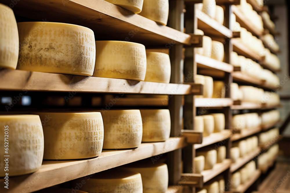 A large production room filled with many racks and shelves with different types of cheese. The cheese matures in a special room at the factory. Cheese production and storage. A large production room filled with many racks and shelves with different types of cheese. The cheese matures in a special room at the factory. Cheese production and storage.