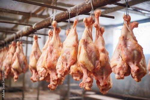 Poultry farm production of chicken meat. Industrial production and packaging of chicken meat. Chicken carcases and tenderloin. modern food industry. photo