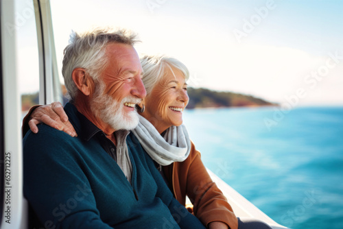 Fototapeta An elderly couple on the deck of a ship or liner against the backdrop of the sea