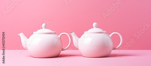 pink background white teapots one without lid symbolize breast cancer space for copying