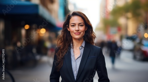 Young confident smiling business woman standing on busy street, portrait. Proud successful female entrepreneur wearing suit posing with arms crossed look at camera in big city outdoors